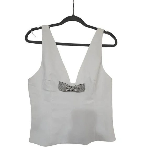 Zara Jeweled Bow Deep V Sleeveless Top White Size M NWOT - Picture 2 of 13